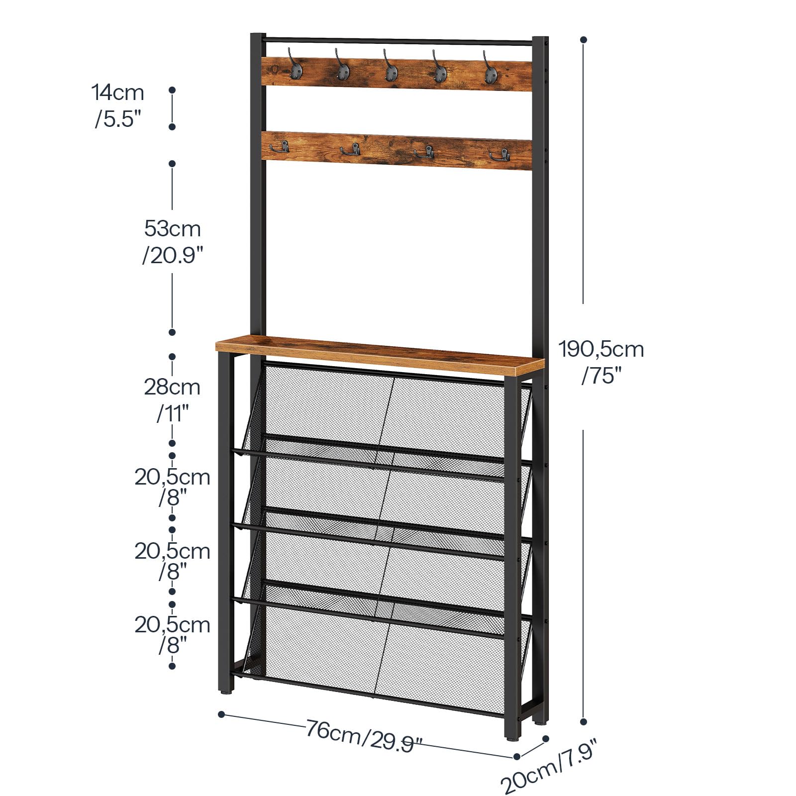 HOOBRO Hall Tree with Bench, Narrow Shoe Rack with Coat Rack, Coat Rack with Shoe Storage, 5 Tier Slanted Shoe Storage Organizer, Coat and Shoe Rack Entryway, Slim Hall Tree, Rustic Brown BF20MT01