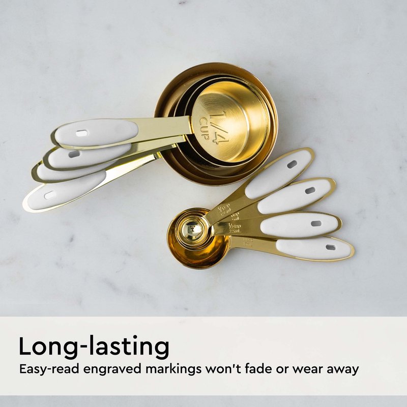 White and Gold Measuring Cups and Spoons Set – 8-Piece Stackable Stainless Steel Measuring Set – Stylish Gold Kitchen Accessories for Precise Baking and Cooking, Ideal Gift for Bakers and Chefs