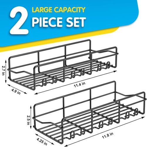 Coraje Adhesive Bathroom Caddy - Large Capacity Rustproof Metal Shelves | 2-Pack Black Shower Organizer