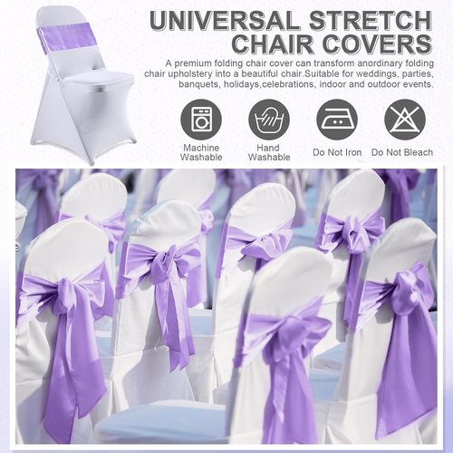 Lounsweer Folding Chair Cover Set - 50 Pcs with 25 Stretch Spandex Slipcovers & Satin Sashes | White & Lavender