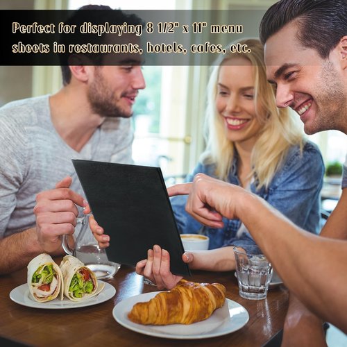 FLKQC Restaurant Menu Covers Holders 8.5" x 11" | Pack of 5 Synthetic Leather Triple Fold Panels 4 View Angled Corners Black for Wine List, Drinks (5, Triple Fold Panels 4 View (8.5 x 11 inch))