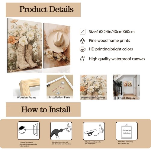 Floral Cowgirl Boots Canvas Wall Art Set of 2, Cowboy Hat with Flower Wall Decor Paintings, Trendy Preppy Western Aesthetic Prints Pictures, for Girls Bedroom Living Room Dorm 16x24 inch Framed