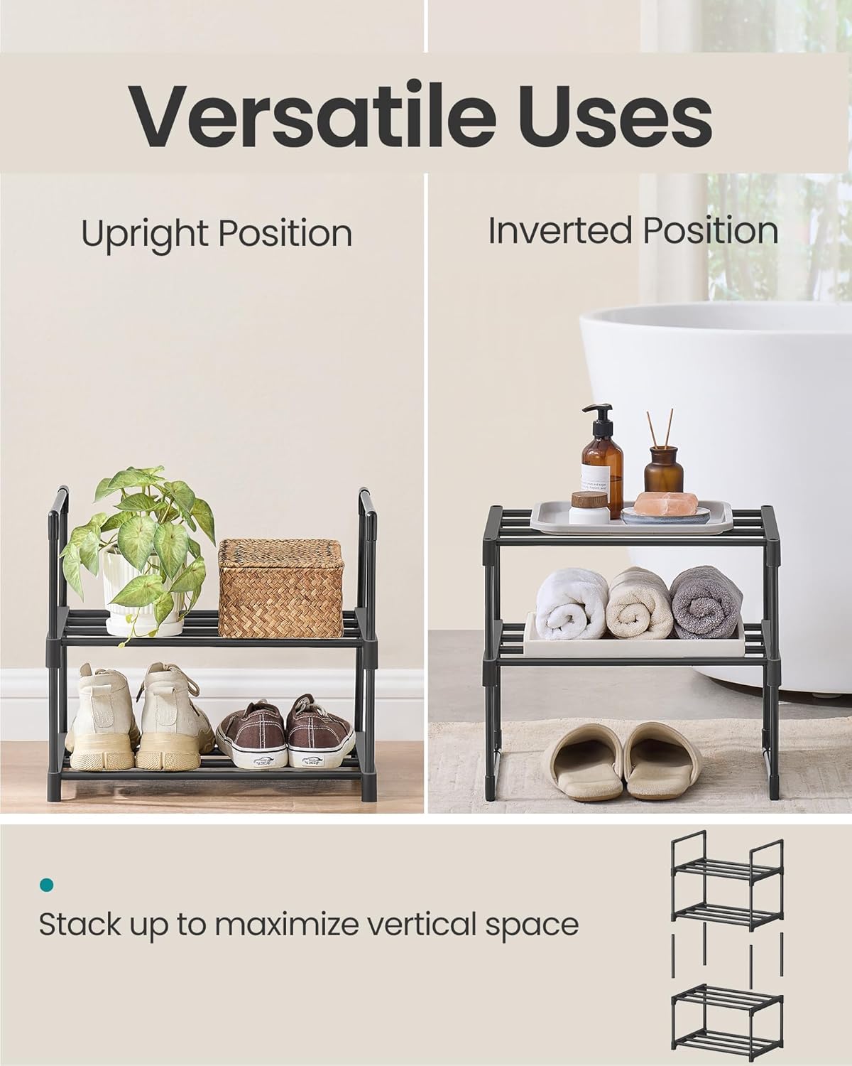 SONGMICS 2-Tier Shoe Rack - Stackable Metal Organizer for 3-6 Pairs | Versatile Entryway Storage, Black 11.8 x 16.7 x 14.8 Inches