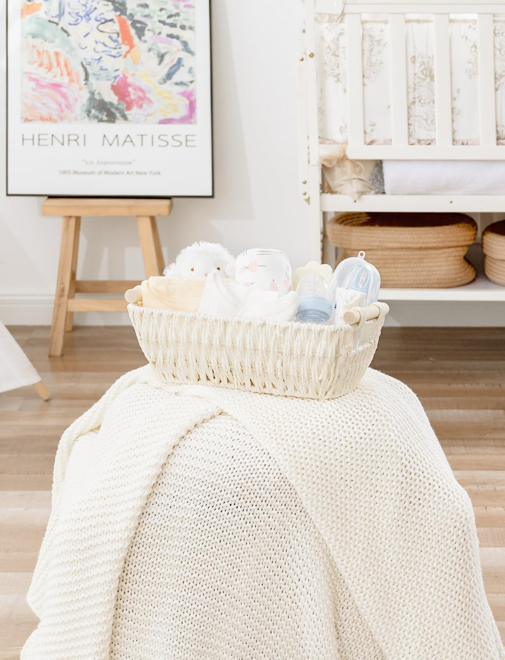 StorageWorks Round Woven Paper Rope Basket - Wooden Handles, Beige | Small 2-Pack for Gifts & Organization