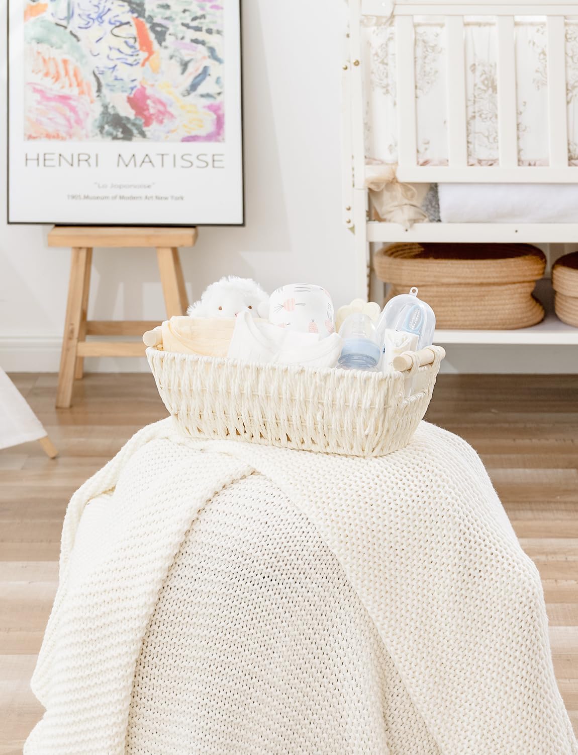 StorageWorks Round Woven Paper Rope Basket - Wooden Handles, Beige | Small 2-Pack for Gifts & Organization