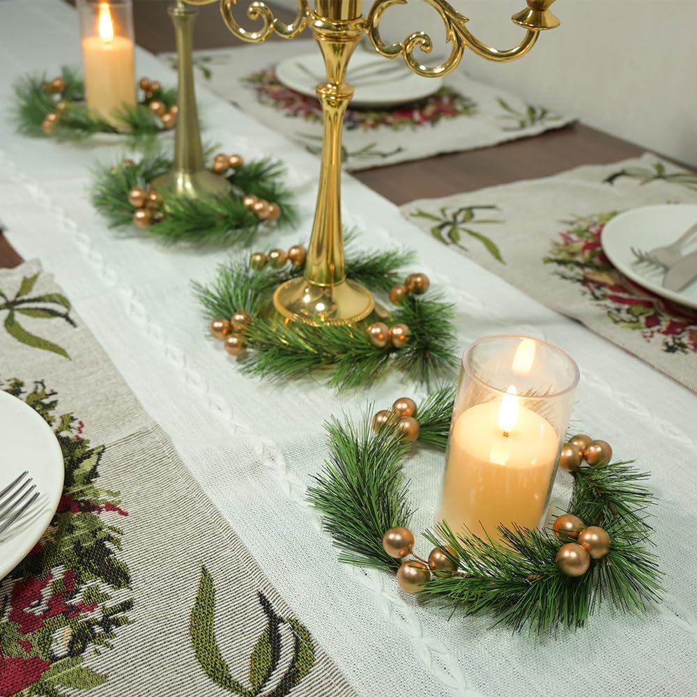 Skiennix Christmas Candle Rings - 4pcs Artificial Golden Berries & Greenery for Table Decor