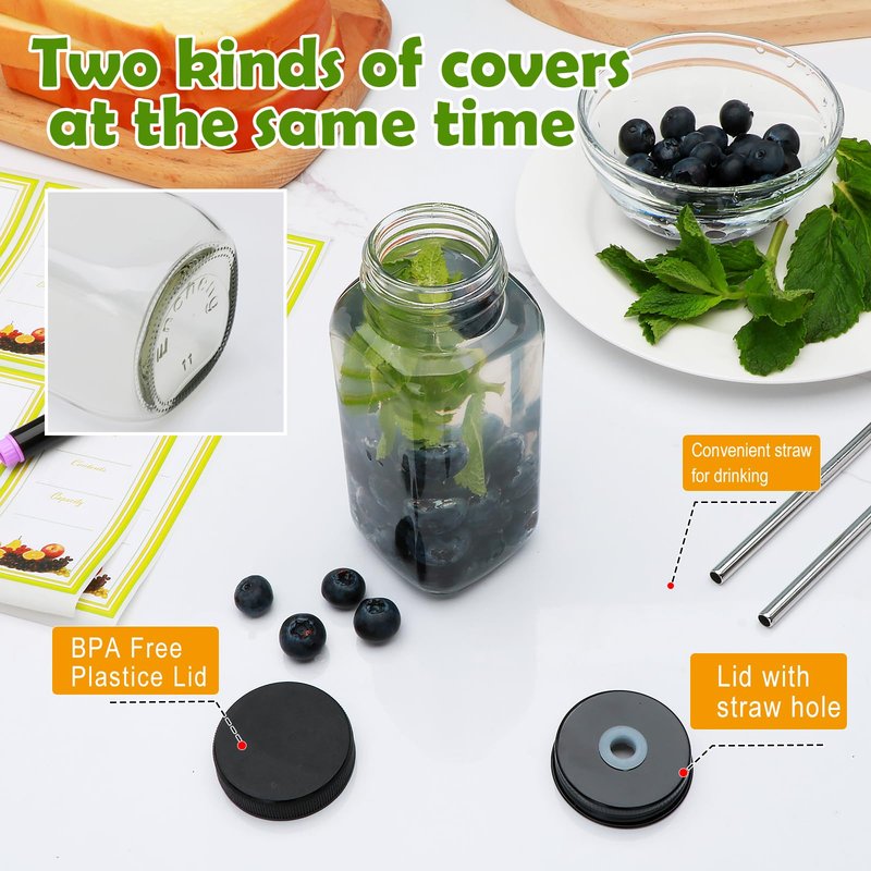 Maredash 8oz Glass Bottles with lids,juice bottles gifts for women,8oz Glass Jars with LIds,glass water bottles. Kit includes Stainless Steels Straws,Two Types of lids,Cleaning Brush 6pcs