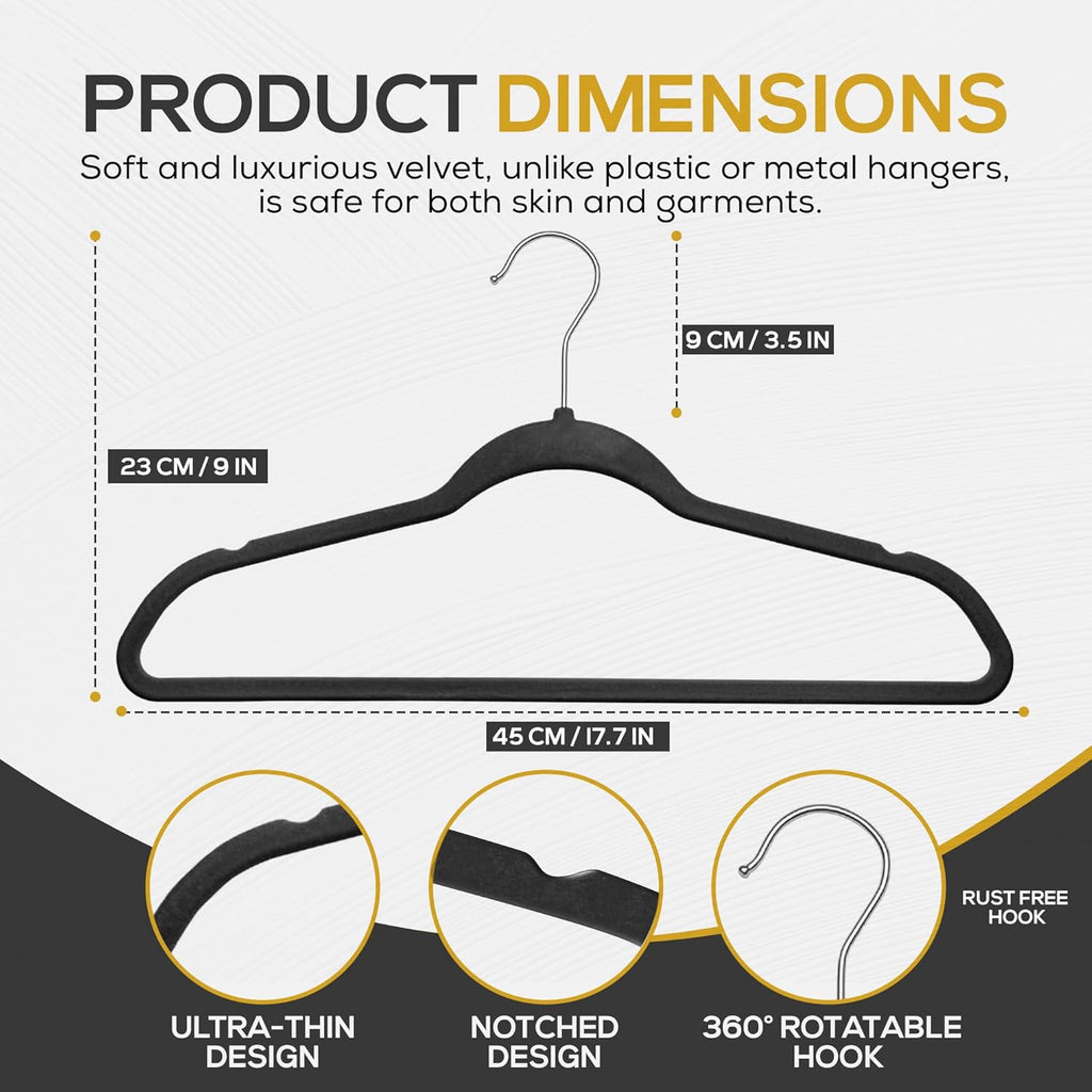 Techzoo Velvet Hangers - Ultra Thin Non-Slip Design for Space Saving | 50 Pack, Black, 360° Swivel Hook