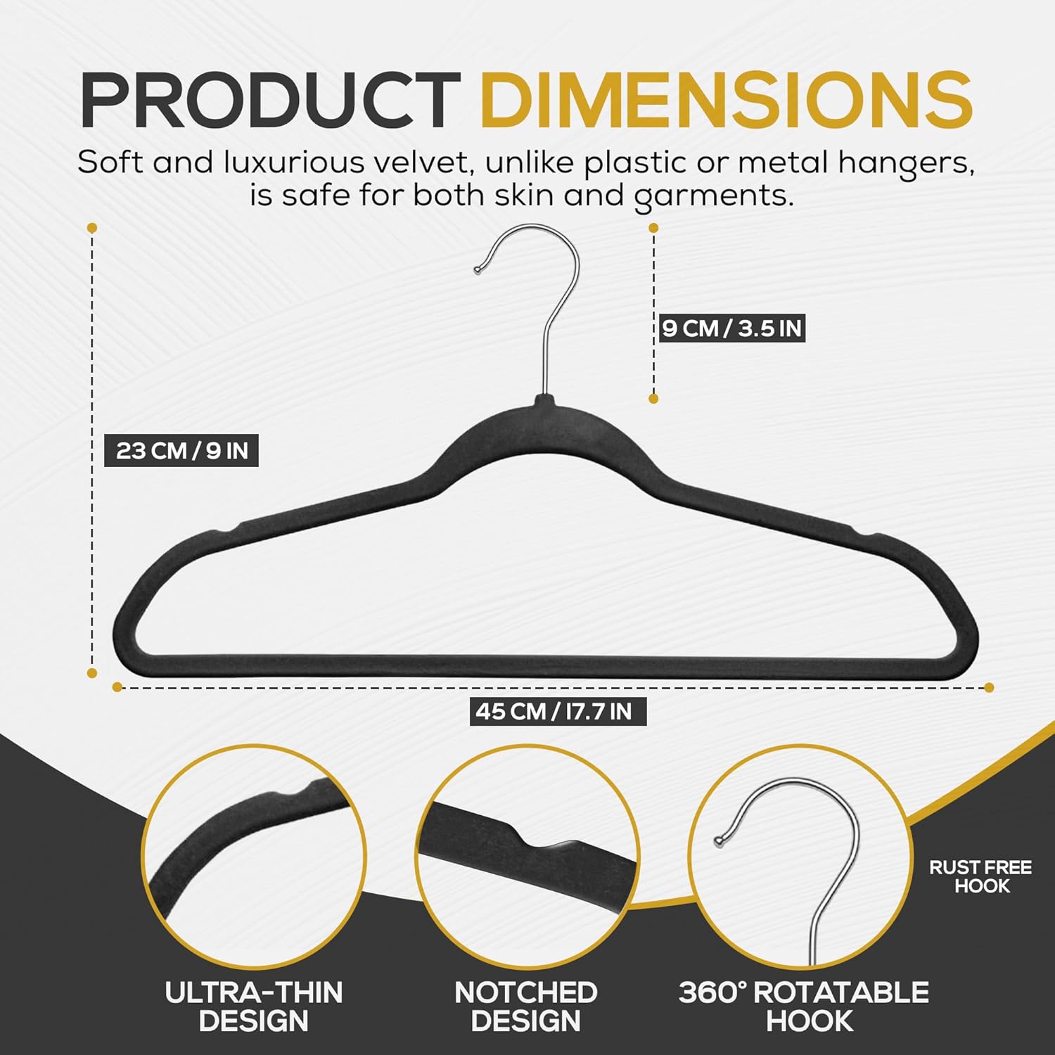 Techzoo Velvet Hangers - Ultra Thin Non-Slip Design for Space Saving | 50 Pack, Black, 360° Swivel Hook