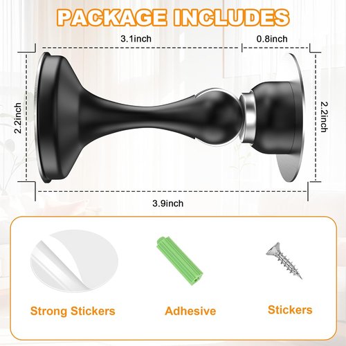 Crosize Magnetic Door Stoppers - Stainless Steel Wall & Floor Mount Door Holders | No Drilling, 2 Pack, Black