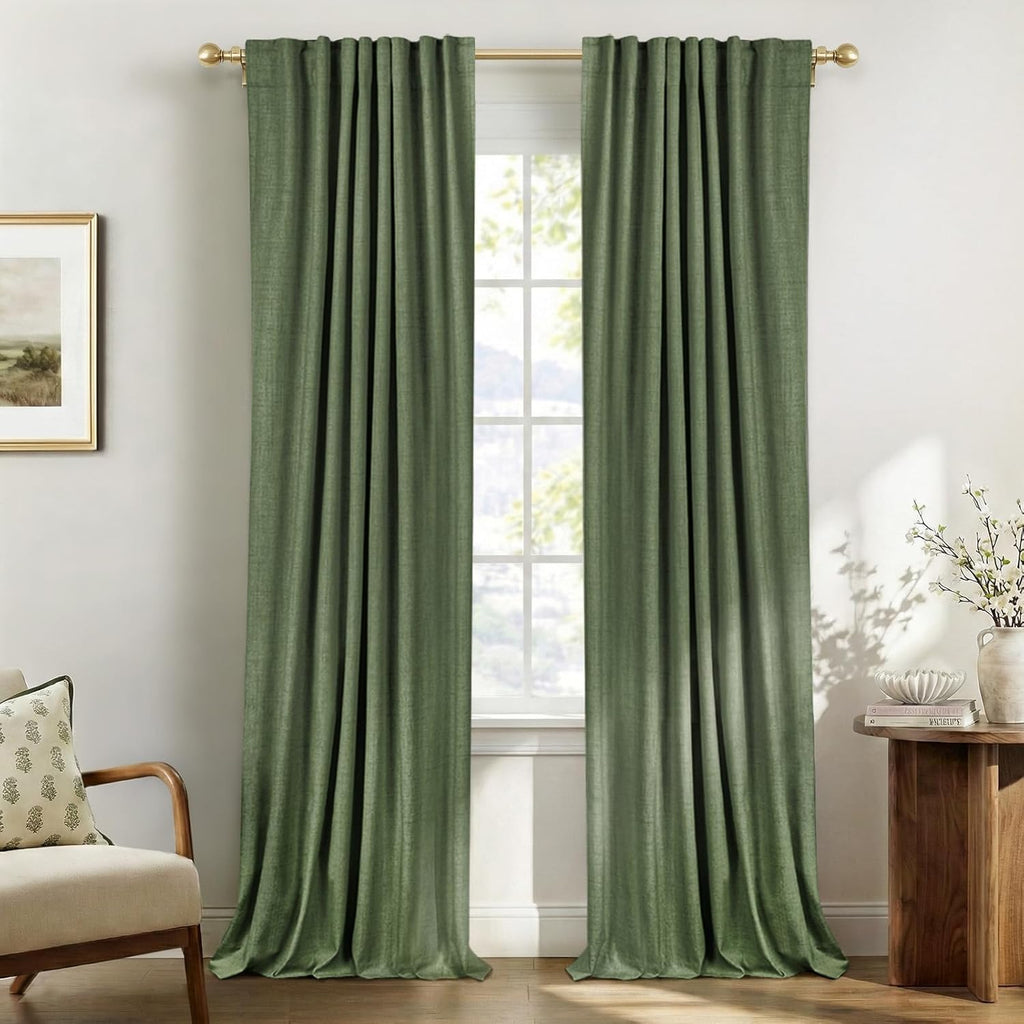 Skiennix 100% Blackout Curtains - Olive Green Linen, Thermal Insulated, 2 Panels Set | 50" W x 84" L