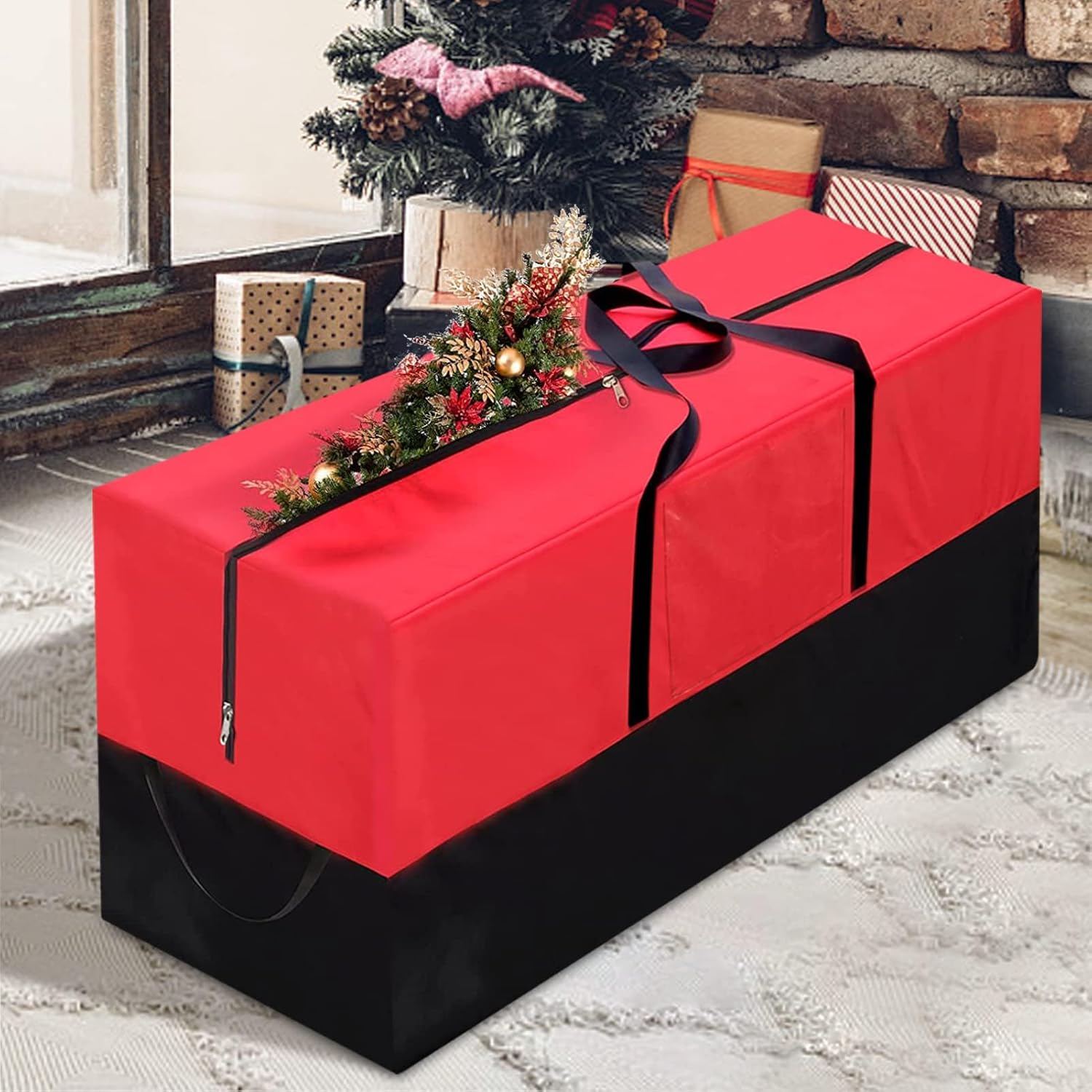 PLTCAT Christmas Tree Storage Bag - Heavy-Duty 10-12 Ft Artificial Tree Container with Zipper & Transparent Pocket - Red