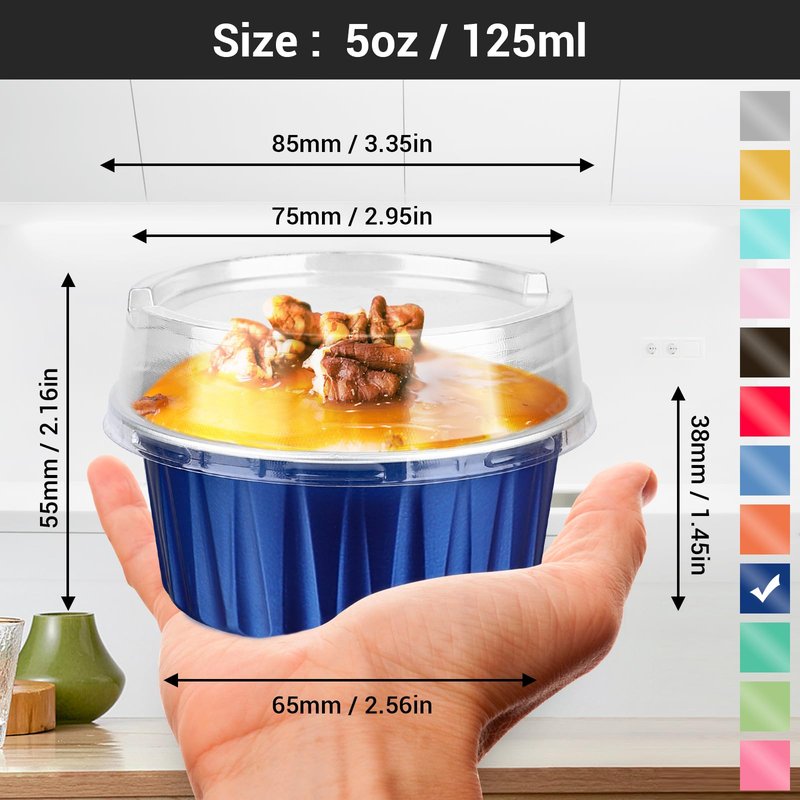 EUSOAR Cupcake Cups with Lids, 5oz 50pcs Disposable Desserts Flan, 3.34"x2.59"x2.35" 125ml Baking Cups with Lids, Aluminum Foil Desserts Cupcake Flan, Catering Gathering Shower Favor-Royal Blue
