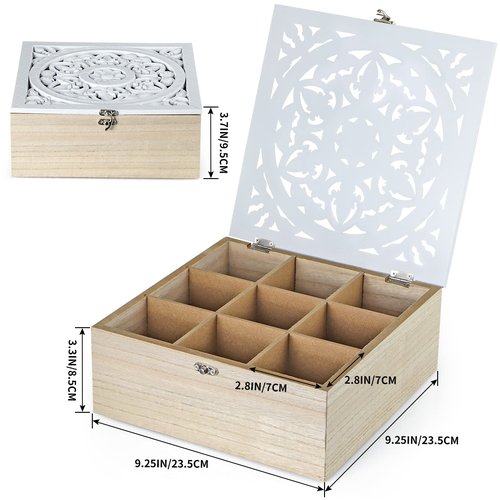 MOLIGOU Wood Tea Bag Organizer, 9 Compartment Tea Storage Box with Floral Pattern Lid, Tea Holder Box for Cabinet, Pantry