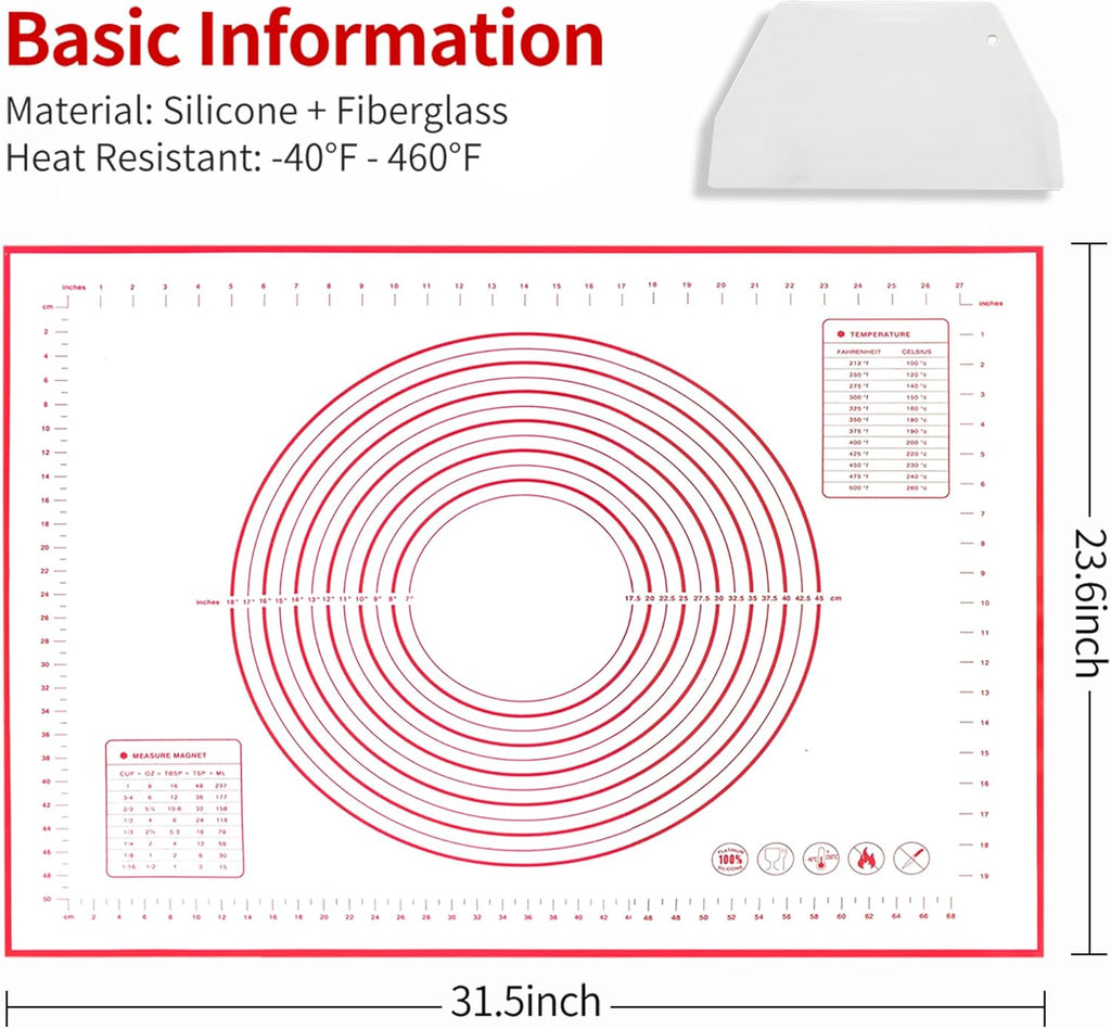 Skiennix Silicone Baking Mat - Extra Large 32x24 Inch Non-Stick Pastry Mat with Cable Ties & Dough Scraper