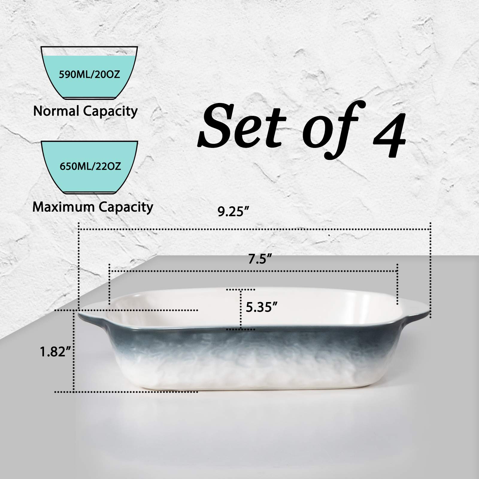 Hoxierence 20oz Small Ceramic Baking Dishes, 7.5L x 5.4W Inch Stone Embossed Pattern Bakeware with Double Handles, Individual Rectangular Baker for Lasagna, Casserole - Set of 4 (Gray)