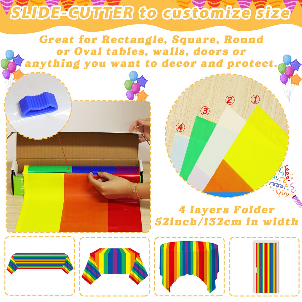 Carnival Pride Rainbow Striped Tablecloth Roll - 52 in x 100 in with Slide Cutter - Plastic Table Cloth Roll - Rainbow Party Table Cover for Indoor and Outdoor Family Parties and Celebrations