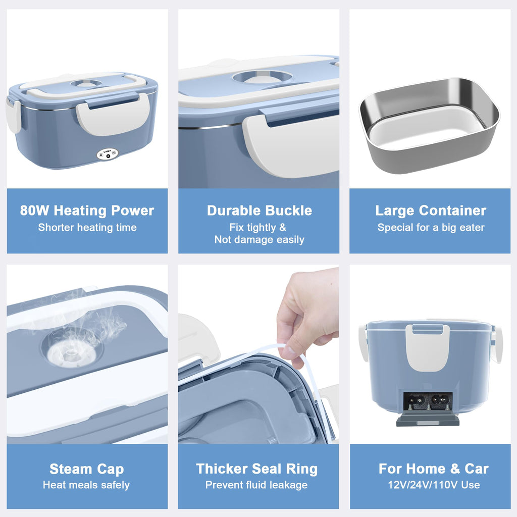 Electric Heated Lunch Boxes Adults: 80W Electric Lunch Box Food Heated 12/24/110V 1.5L Heatable Lunch Box for Car/Truck/Office Leak-Proof Stainless Steel Container,Fork & Spoon,Bag (Light Blue+White)