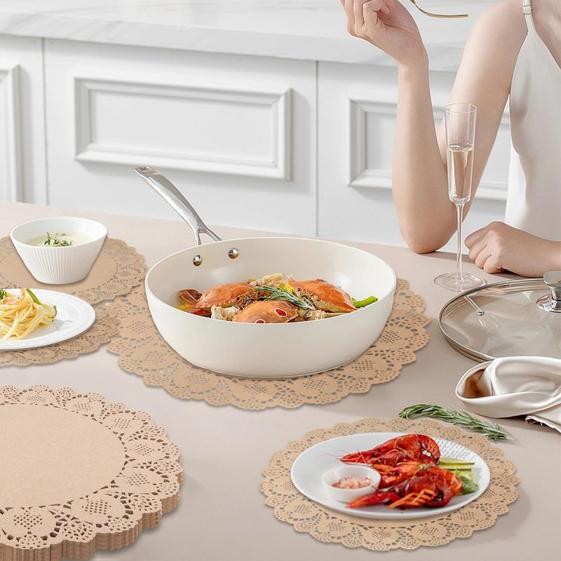 100 Pieces Round Kraft Paper Doilies 13.5 Inches Lace Papers Doilies Disposable Decorative Place Mats Table Pads for Food Cakes Crafts Party Weddings Tableware Decor