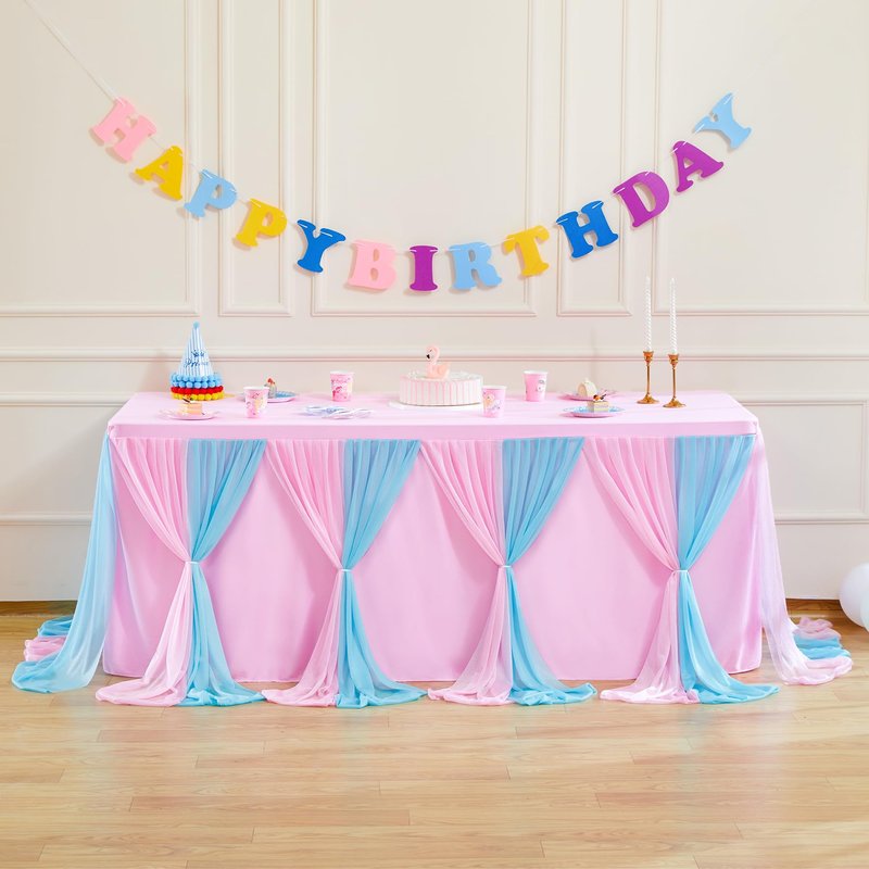 Pink Blue Tulle Tablecloth 4Pack Stretchable Cross Table Cover 3 Sides for Wedding, Birthday, Party Decor, Banquet, Bridal Shower Fits Rectangle Tables 6ft
