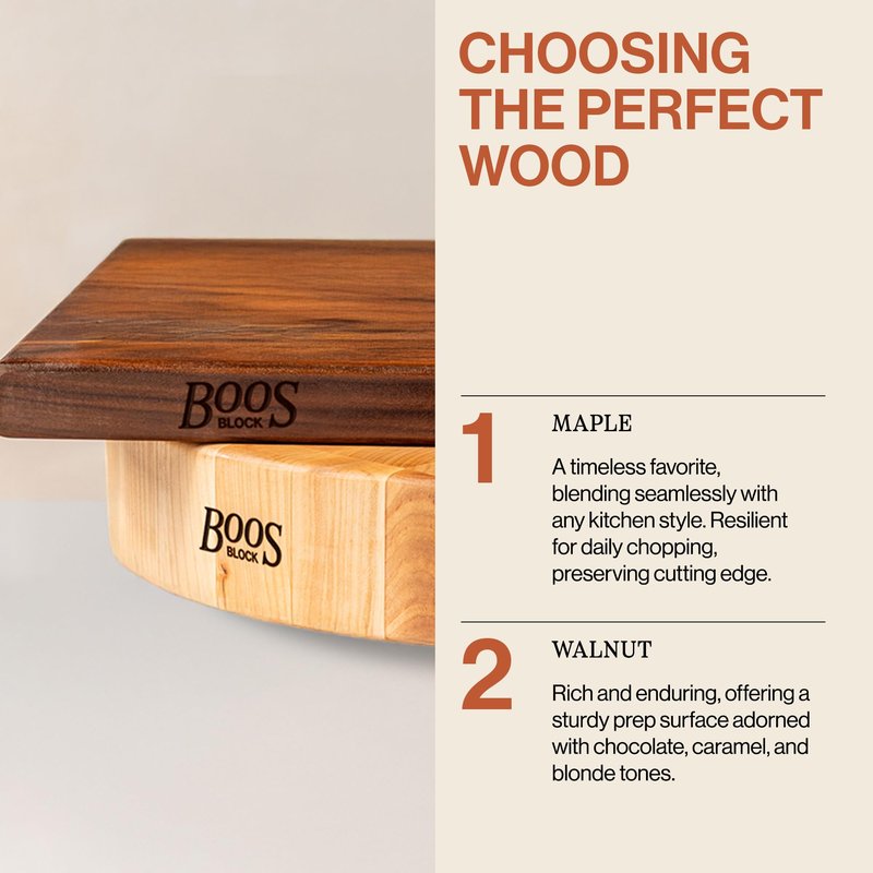 John Boos B Series Round Wooden Maple Cutting Board 12”x12” – 1.5” Thick, 12-lb Non-Reversible Butcher Block with Wood Bun Feet & Edge-Grain