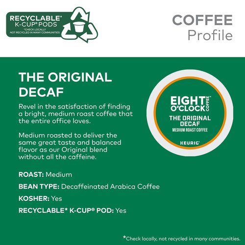 Eight O'Clock Coffee Decaf Medium Roast K-Cup Pods - Single-Serve, 60 Count for Easy Brewing