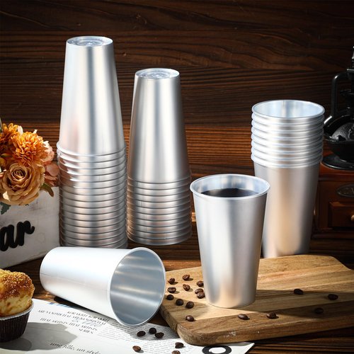 Jingmore 100 Pack 16 oz Disposable Plastic Cups Aluminum Party Tumbler Stackable Plastic Drinking Cups for Hot Cold Drinks Coffee Cocktail Beverage for Wedding Birthday Graduation Picnic(Silver)