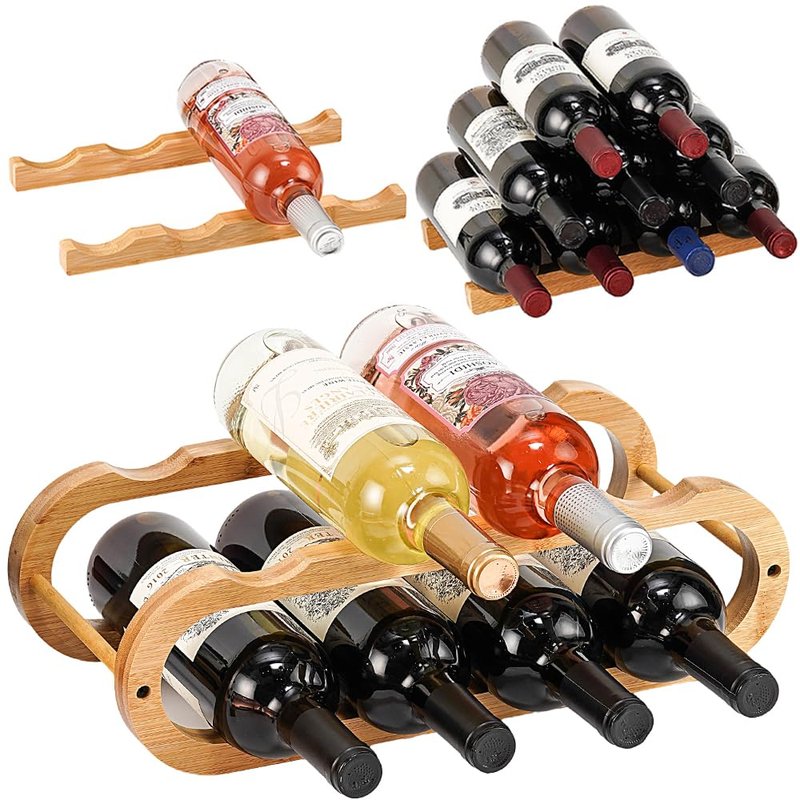 Aixboumo Wine Rack for Cabinet and Countertop - Adjustable in 2 Sizes - 3 Pack (2 Tier + 1 Tier+1 Tier) (Bamboo, Natural)