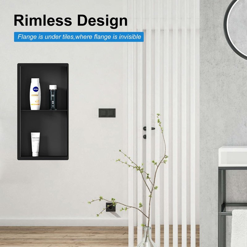 BWE Bathroom Wall Niche,12" X 24" X 4" Stainless Steel Shower Niche,Rimless Recessed Shower Shelf for Bathroom,Double Shelves Niche,No Tile Needed Matte Black