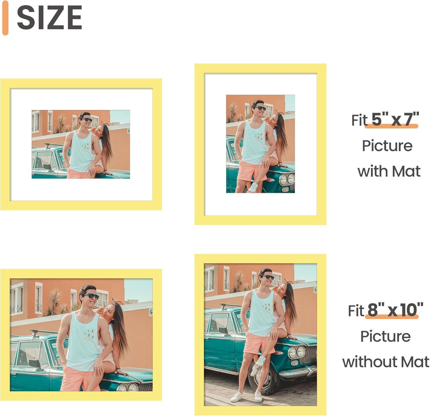 Upsimples 8x10 Picture Frame - Versatile Display for 5x7 with Mat or 8x10 Without | Yellow, 1 Pack