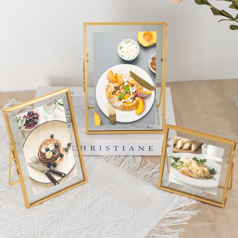 Jajamy Set of 6 Gold Glass Floating Picture Frame, Glass Pressed Flower Frames Collection, 4"x 4", 4"x 6", 5"x 7" Gold Picture Frame for Stand Tabletop Photo Display