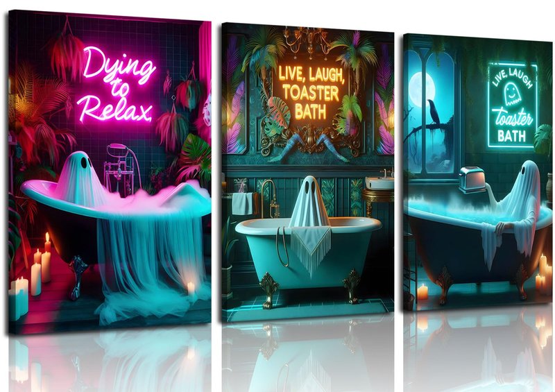 3 Pcs Framed Halloween Ghost Neon Bathroom Canvas Wall Art Neon Sign Dying To Relax Wall Decor Pictures Funny Gothic Ghost Toaster Posters Prints for Restroom Dark Humor indie room Home Decortion