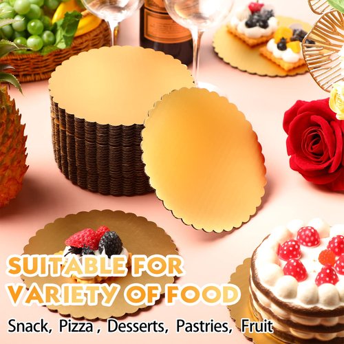 Eaasty 100 Pack Gold Cake Boards Round Cake Base Boards Disposable Plate Scalloped Bases Round Coated Circle Trays Base for Dessert Party Supplies(6 Inch)