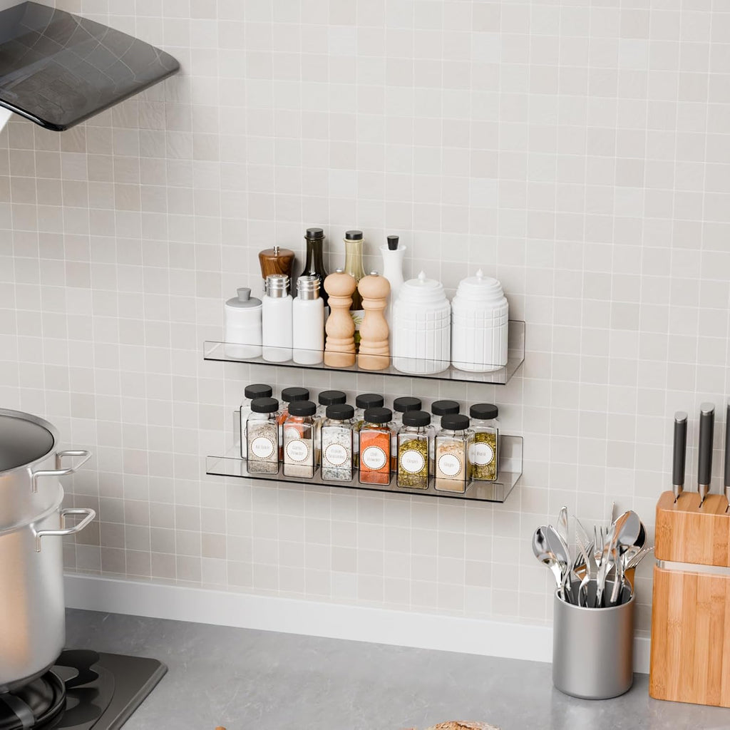 Skiennix 15-Inch Clear Acrylic Floating Shelves - No Drill, Renter-Friendly Wall Storage for Kids' Room & Bathroom