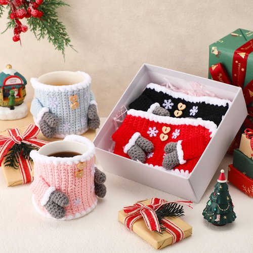 Perthlin 4 Pcs Sweater Mug Christmas Cozy Gift Winter Coffee Mug Knitted Cup Sweater Sleeve Cover Reusable Crochet Tea Warmer Wrap with Buttons Christmas Decoration for Coffee Drinkers