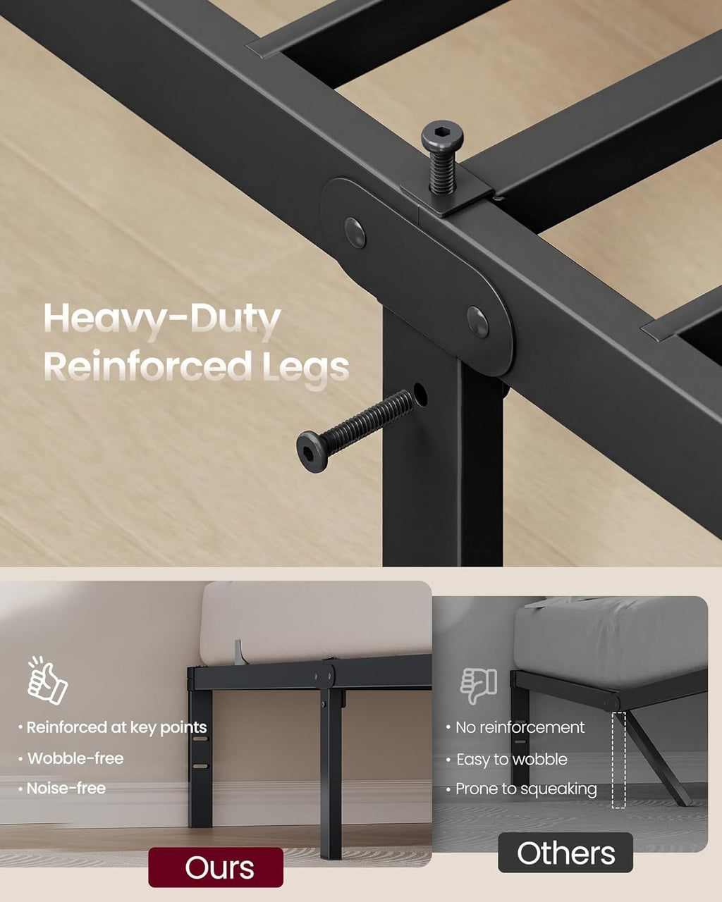 VASAGLE Metal Bed Frame - 14-Inch Tall Heavy-Duty Platform with Under-Bed Storage | No Box Spring Needed, Matte Black
