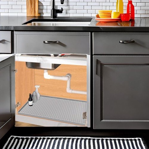 Jacooxi Under Sink Mat 22 x 19, Silicone Under Sink Protector Mat for Kitchen Waterproof, Easy to Clean Bathroom Cabinet Mat Organizers and Storage, Light Grey