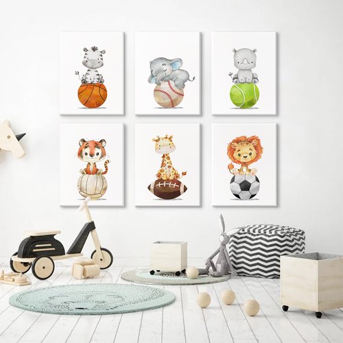 Baby Boy Wall Art Nursery Sports Decor Safari Animal Canvas Wall Art Woodland Baby Boy Room Poster Prints Nursery Artwork Pictures for Bedroom 12x16 set of 6 Inch Wrapped Canvas