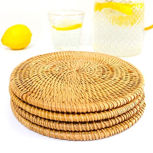 7.87 Inch Natural Round Rattan Trivets Set of 4 - Handwoven Heat Resistant Coasters & Hot Pads, Thick Table Protectors for Farmhouse Boho Decor, Ideal Gift for Home Wedding Housewarming