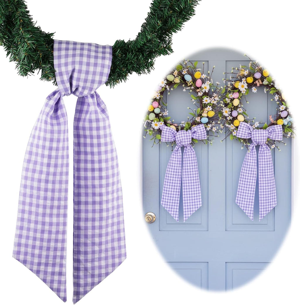 Skiennix Wreath Sash - Elegant Purple & White Checkered Plaid Bow Ribbon Bundle | 2 Pack (5.12" x 54.33")