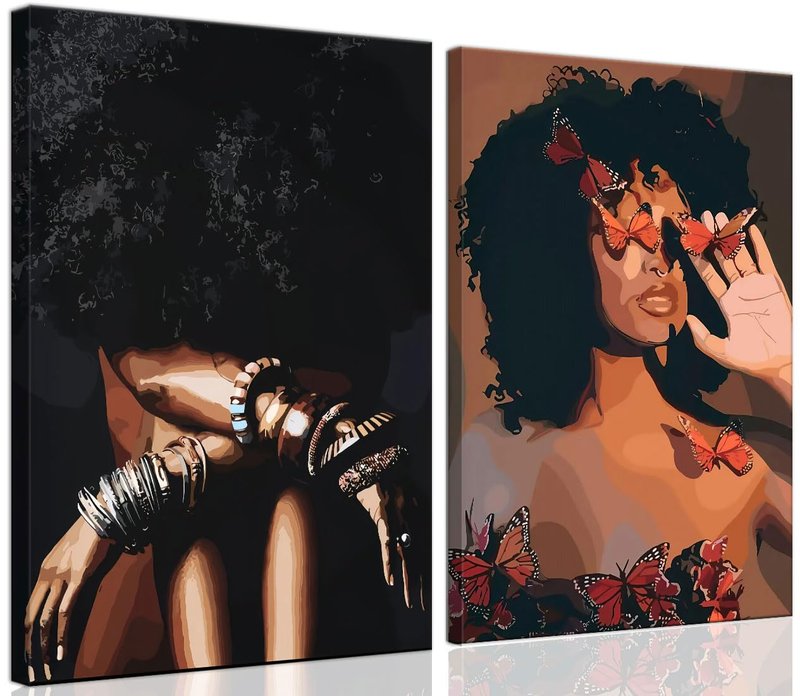 Framed Modern Abstract African American Women Wall Art (Set of 2), Canvas HD Print, Bohemian Black Girl with Energetic Butterfly Decor, Black Inspirational Contemplative Poster, Meditation Inspirational & Trendy Print, Living Room, Bedroom, Bathroom, Offi
