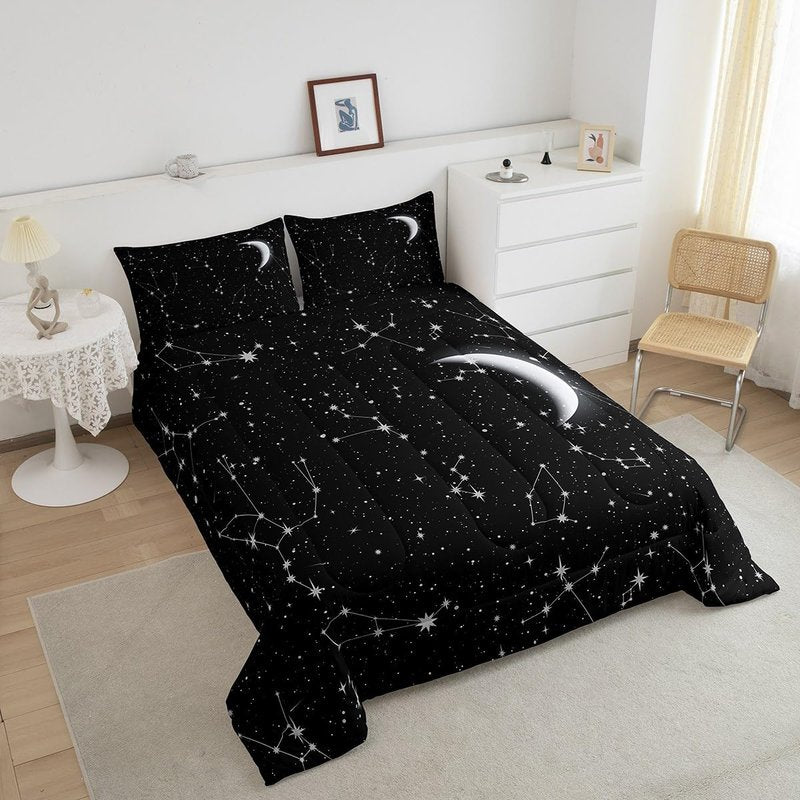 Feelyou Constellation Bedding Set Zodiac Printed Comforter for Kids Adult Galaxy Starry Sky Comforter Set Black White Space Moon Stars Pattern Duvet Set Room Decor 2Pcs with 1 Pillow Case Twin Size