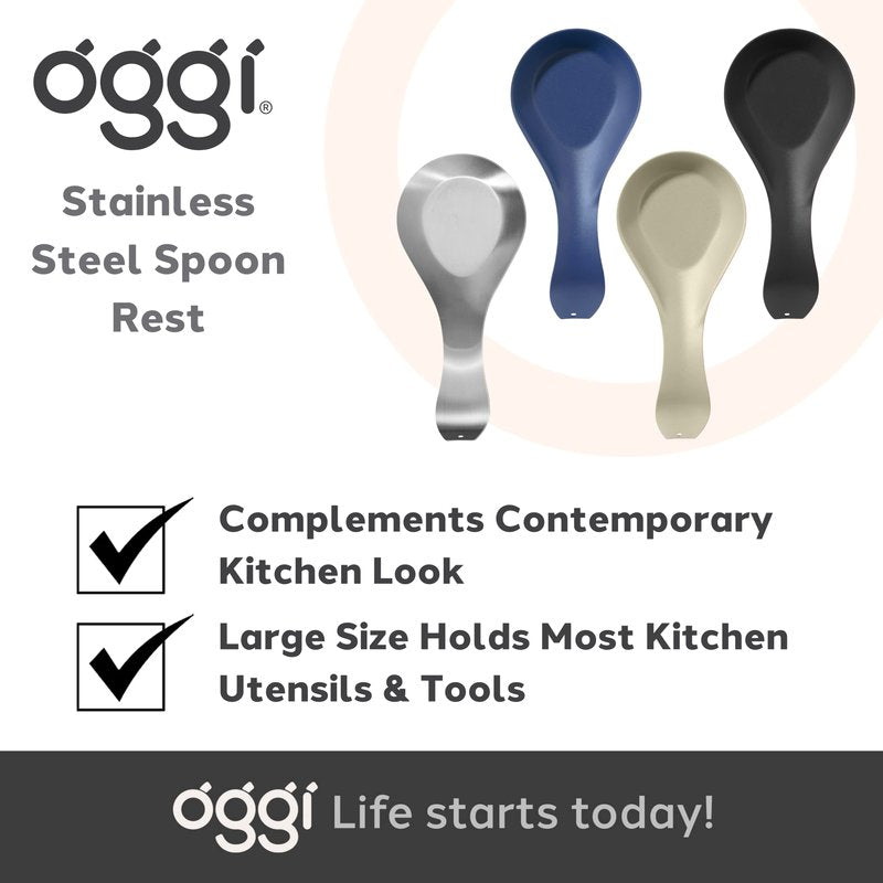 OGGI Stainless Steel Spoon Rest- Long Handle Holds Kitchen Utensils in Place, Great Spoon Rest for Counter, Stove Top, or Coffee Station; Kitchen Accessories, Utensil Rest, Black