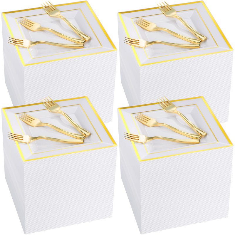 Gandeer 300 Pcs Square Plastic Plates with Forks Set Include 150 Disposable 6.5 Inch Dessert Plates Heavy Duty and 150 Plastic Appetizer Forks for 150 Guests Weddings Party Supplies(Gold)
