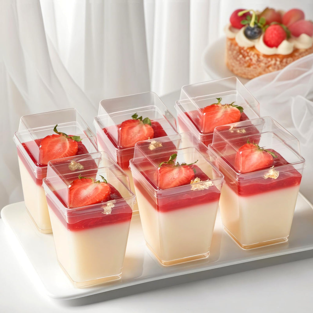 TOFLEN 50 Pack 5 oz Plastic Dessert Cups with High Lids for Party, Mini Dessert Cups with Spoons Dessert Shooter Cups for Yogurt Parfait, Appetizer, Pudding, Fruit and Ice Cream