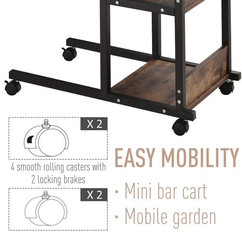 HOMCOM Industrial C-Shaped Mobile Rolling Sofa Side Table with 3-Tier Storage Shelving, Adjustable Height, & Wheels