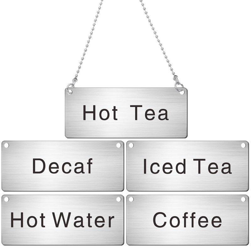 Hicarer 5 Pcs Stainless Steel Chain Signs 3-1/2 x 1-3/8 Beverage Table Display Hanging Chain Sign(Coffee, Decaf, Hot Water, Hot Tea, Iced Tea)