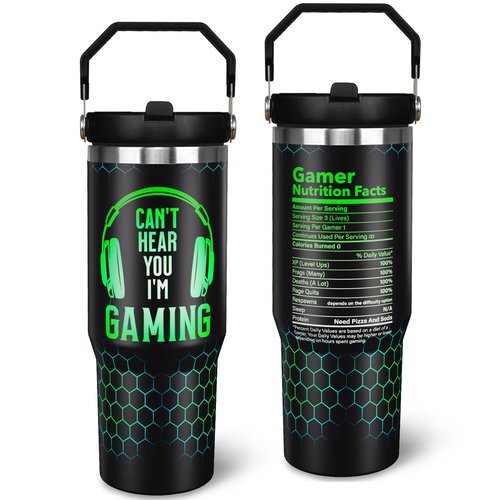 Jizrecly 30 oz Gamer Tumbler with Straw, 30oz Gaming Flip Straw Tumbler Insulated Coffee Travel Mugs Cup Water Bottle Gamer Gifts for Men Dad Boy Boyfriend