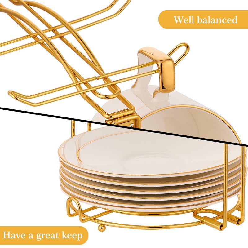 CHILDIKE Teacups and Saucers Display Stand, Tea Cup Holder, Metal Foldable Storage Rack for Espresso and Cappuccino Cup - Gold