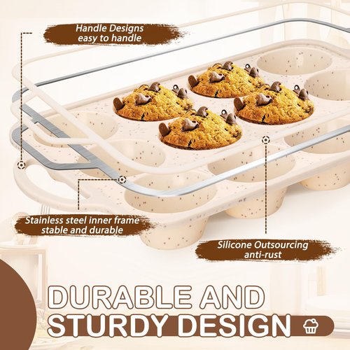iArtker Silicone Muffin Pan, 12 Cups Muffin Tin Baking Mold With Reinforced Stainless Steel Frame Inside, Nonstick Bakeware Cupcake Pan BPA Free, 2PCS